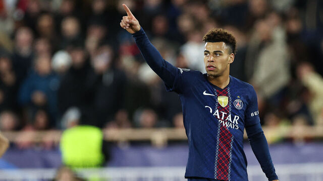 TOPSHOT - Paris Saint-Germain's French midfielder #14 Desire Doue celebrates scoring his team's third goal during the UEFA Champions League knockout round play-off first leg football match between AS Monaco and Paris Saint-Germain at the Stade Louis II in the Principality of Monaco on February 17, 2026.