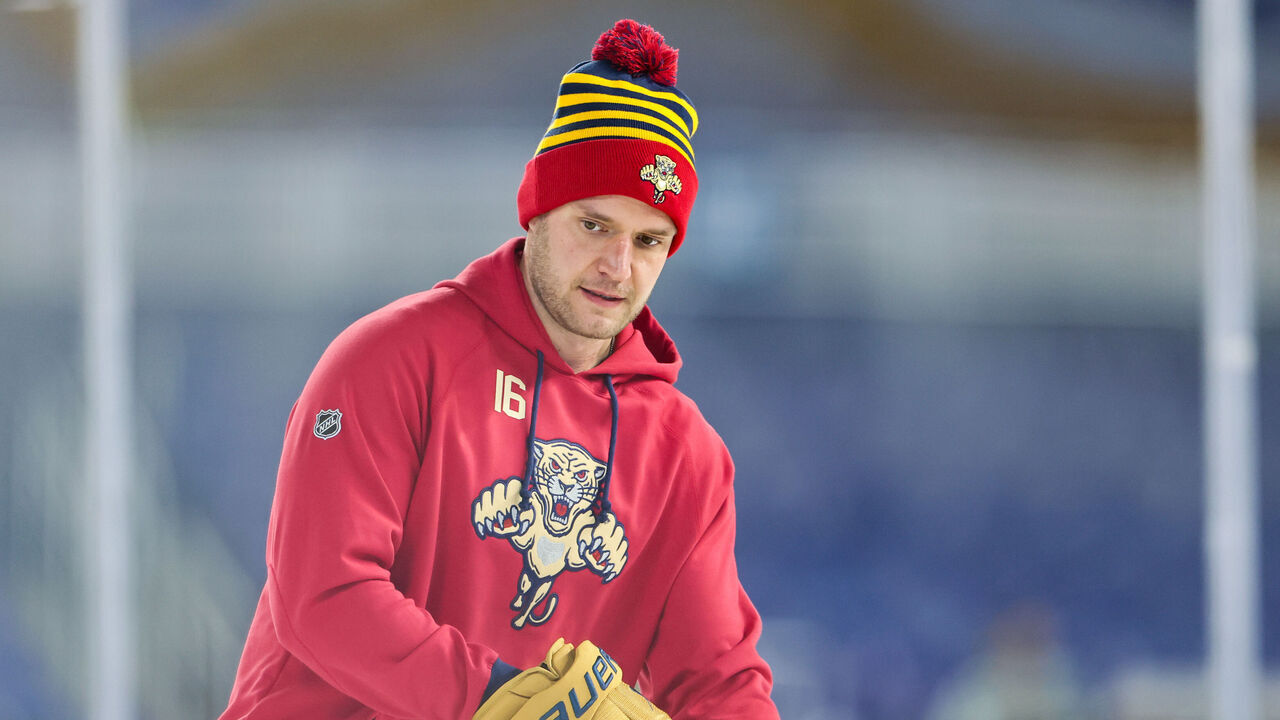 MIAMI, FLORIDA - JANUARY 01: Aleksander Barkov #16 of the Florida Panthers practices prior to the 2026 Discover NHL Winter Classic against the New York Rangers at loanDepot park on January 01, 2026 in Miami, Florida.