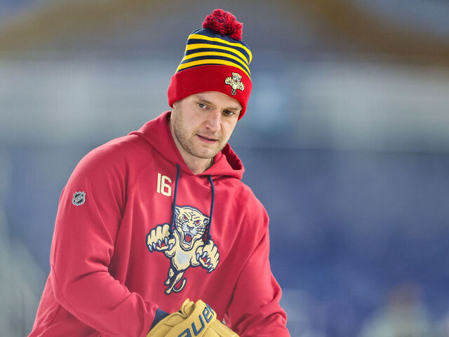 MIAMI, FLORIDA - JANUARY 01: Aleksander Barkov #16 of the Florida Panthers practices prior to the 2026 Discover NHL Winter Classic against the New York Rangers at loanDepot park on January 01, 2026 in Miami, Florida.