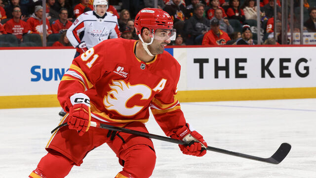 CALGARY, ALBERTA - JANUARY 23: Nazem Kadri #91 of the Calgary Flames skates against the Washington Capitals at the Scotiabank Saddledome on January 23, 2026 in Calgary, Alberta.