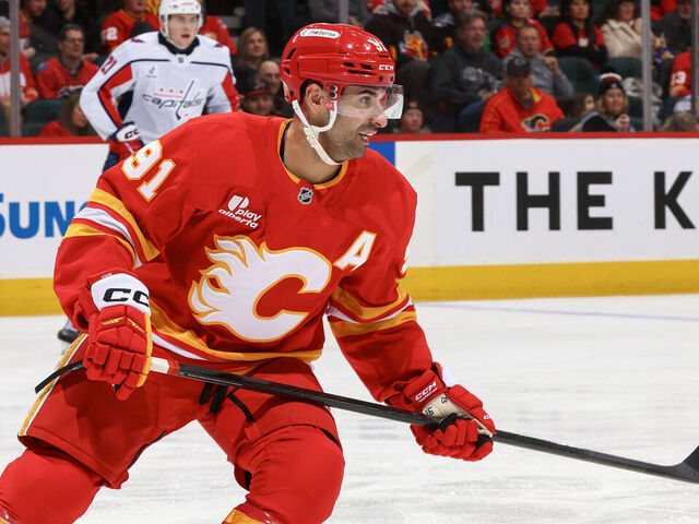 CALGARY, ALBERTA - JANUARY 23: Nazem Kadri #91 of the Calgary Flames skates against the Washington Capitals at the Scotiabank Saddledome on January 23, 2026 in Calgary, Alberta.
