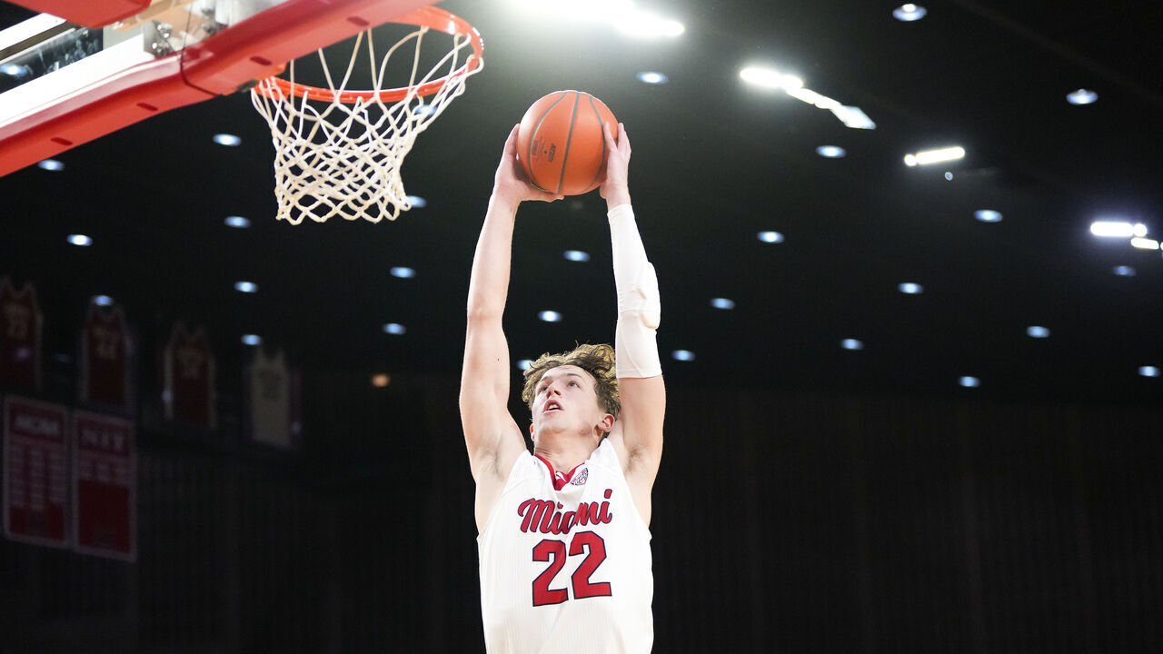 OXFORD, OHIO - JANUARY 27: Brant Byers #22 of the Miami (OH) RedHawks dunks the ball in the second half against the UMass Minutemen at Millett Hall on January 27, 2026 in Oxford, Ohio.