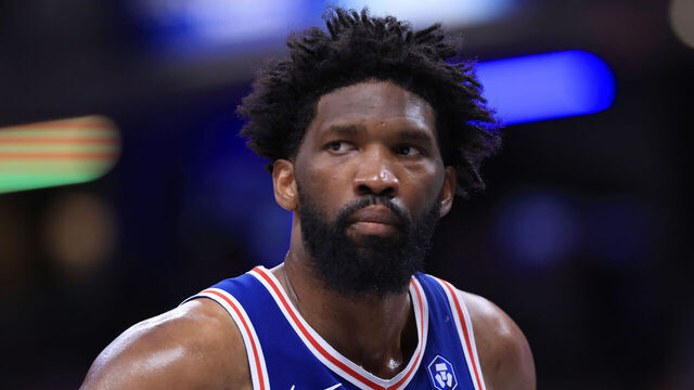 INDIANAPOLIS, INDIANA - FEBRUARY 24: Joel Embiid #21 of the Philadelphia 76ers looks on during the fourth quarter against the Indiana Pacers at Gainbridge Fieldhouse on February 24, 2026 in Indianapolis, Indiana.