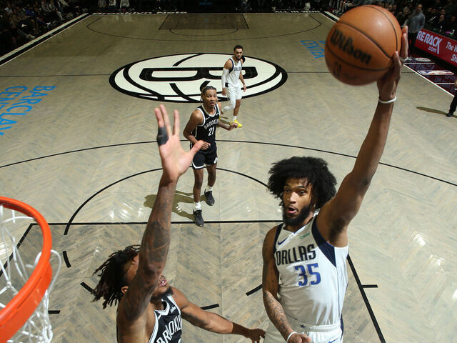 BROOKLYN, NY - FEBRUARY 24: Marvin Bagley III #35 of the Dallas Mavericks drives to the basket during the game against the Brooklyn Nets on February 24, 2026 at Barclays Center in Brooklyn, New York. Mandatory Copyright Notice: Copyright 2026 NBAE