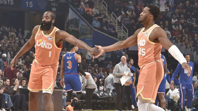 CLEVELAND, OH - FEBRUARY 24: James Harden #1 and Donovan Mitchell #45 of the Cleveland Cavaliers high five during the game against the New York Knicks on February 24, 2026 at Rocket Arena in Cleveland, Ohio. NOTE TO USER: User expressly acknowledges and agrees that, by downloading and/or using this Photograph, user is consenting to the terms and conditions of the Getty Images License Agreement. Mandatory Copyright Notice: Copyright 2026 NBAE