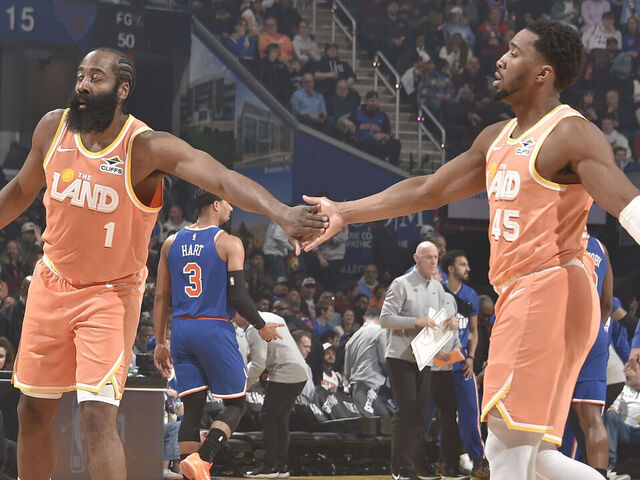 CLEVELAND, OH - FEBRUARY 24: James Harden #1 and Donovan Mitchell #45 of the Cleveland Cavaliers high five during the game against the New York Knicks on February 24, 2026 at Rocket Arena in Cleveland, Ohio. NOTE TO USER: User expressly acknowledges and agrees that, by downloading and/or using this Photograph, user is consenting to the terms and conditions of the Getty Images License Agreement. Mandatory Copyright Notice: Copyright 2026 NBAE