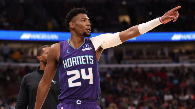 CHICAGO, ILLINOIS - FEBRUARY 24: Brandon Miller #24 of the Charlotte Hornets celebrates during the second half against the Chicago Bulls at the United Center on February 24, 2026 in Chicago, Illinois.