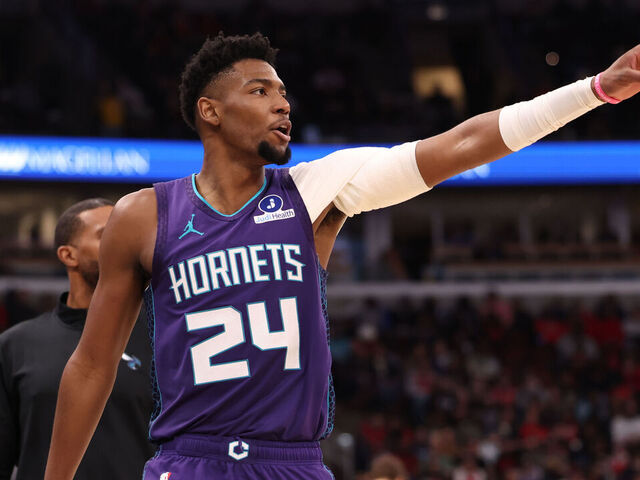 CHICAGO, ILLINOIS - FEBRUARY 24: Brandon Miller #24 of the Charlotte Hornets celebrates during the second half against the Chicago Bulls at the United Center on February 24, 2026 in Chicago, Illinois.