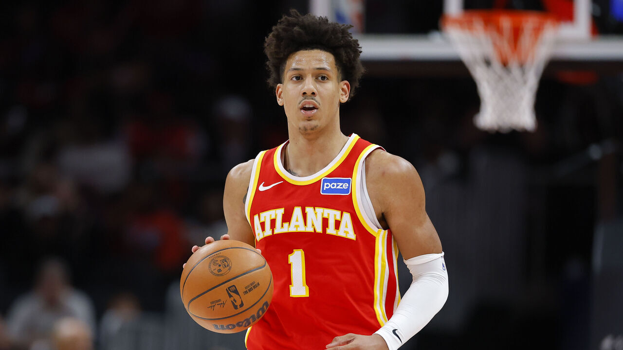 ATLANTA, GEORGIA - FEBRUARY 22: Jalen Johnson #1 of the Atlanta Hawks dribbles during the fourth quarter against the Brooklyn Nets at State Farm Arena on February 22, 2026 in Atlanta, Georgia.