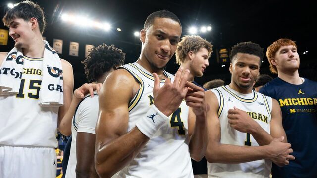 ANN ARBOR, MICHIGAN - FEBRUARY 24: Nimari Burnett #4 of the Michigan Wolverines reacts after Michigan defeated the Minnesota Golden Gophers 77-67 at Crisler Arena on February 24, 2026 in Ann Arbor, Michigan. Michigan secured a piece of the Big Ten Regular Season Title with the victory.
