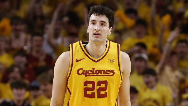 AMES, IA - FEBRUARY 16: Milan Momcilovic #22 of the Iowa State Cyclones walks down the court in the first half of play at Hilton Coliseum on February 16, 2026 in Ames, Iowa. The Iowa State Cyclones won 70-67 over the Houston Cougars.