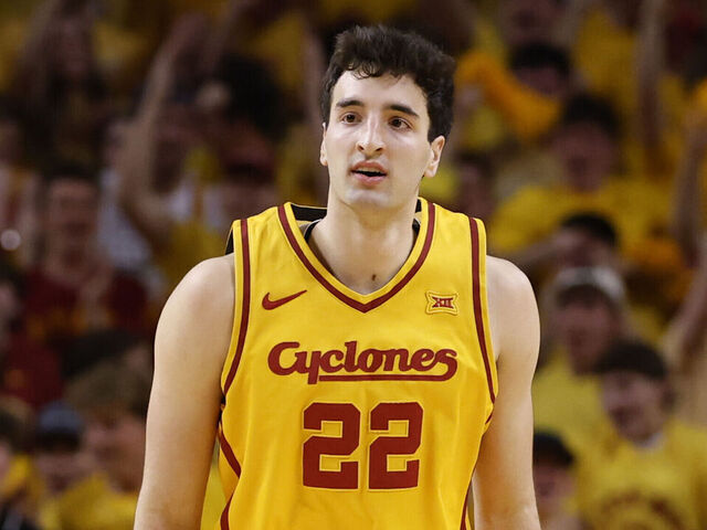 AMES, IA - FEBRUARY 16: Milan Momcilovic #22 of the Iowa State Cyclones walks down the court in the first half of play at Hilton Coliseum on February 16, 2026 in Ames, Iowa. The Iowa State Cyclones won 70-67 over the Houston Cougars.
