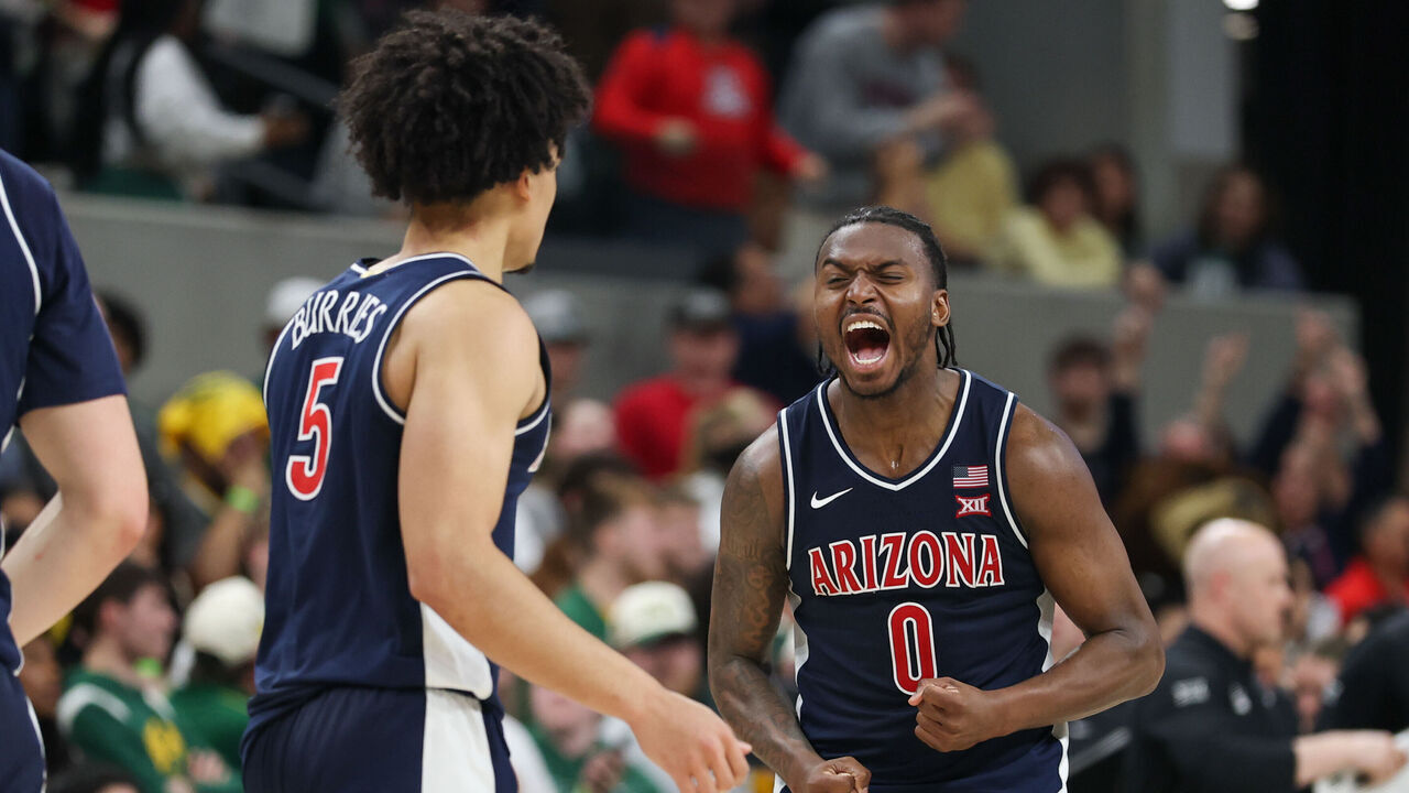 WACO, TX - FEBRUARY 24: Guard Jaden Bradley #0 of the Arizona Wildcats screams after his team takes the lead late in the Big 12 college basketball game between Baylor Bears and Arizona Wildcats on February 24, 2026, at Foster Pavilion in Waco, TX.