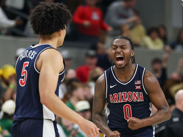 WACO, TX - FEBRUARY 24: Guard Jaden Bradley #0 of the Arizona Wildcats screams after his team takes the lead late in the Big 12 college basketball game between Baylor Bears and Arizona Wildcats on February 24, 2026, at Foster Pavilion in Waco, TX.