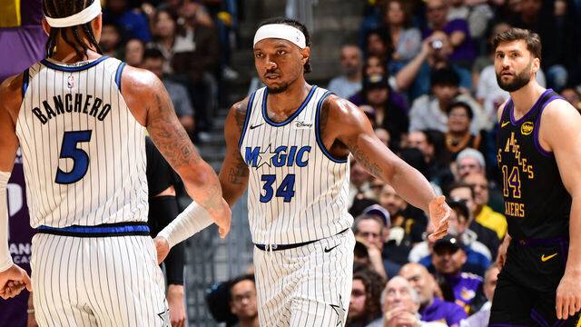 LOS ANGELES, CA - FEBRUARY 24: Paolo Banchero #5 and Wendell Carter Jr. #34 of the Orlando Magic high five during the game against the Los Angeles Lakers on February 24, 2026 at Crypto.Com Arena in Los Angeles, California. NOTE TO USER: User expressly acknowledges and agrees that, by downloading and/or using this Photograph, user is consenting to the terms and conditions of the Getty Images License Agreement. Mandatory Copyright Notice: Copyright 2026 NBAE