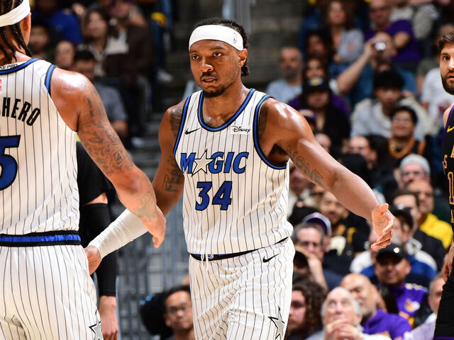 LOS ANGELES, CA - FEBRUARY 24: Paolo Banchero #5 and Wendell Carter Jr. #34 of the Orlando Magic high five during the game against the Los Angeles Lakers on February 24, 2026 at Crypto.Com Arena in Los Angeles, California. NOTE TO USER: User expressly acknowledges and agrees that, by downloading and/or using this Photograph, user is consenting to the terms and conditions of the Getty Images License Agreement. Mandatory Copyright Notice: Copyright 2026 NBAE