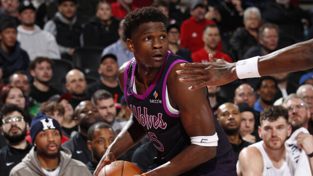 PORTLAND, OR - FEBRUARY 24: Anthony Edwards #5 of the Minnesota Timberwolves handles the ball during the game against the Portland Trail Blazers on February 24, 2026 at the Moda Center Arena in Portland, Oregon. Mandatory Copyright Notice: Copyright 2026 NBAE