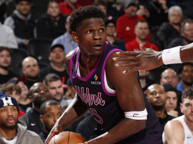 PORTLAND, OR - FEBRUARY 24: Anthony Edwards #5 of the Minnesota Timberwolves handles the ball during the game against the Portland Trail Blazers on February 24, 2026 at the Moda Center Arena in Portland, Oregon. Mandatory Copyright Notice: Copyright 2026 NBAE