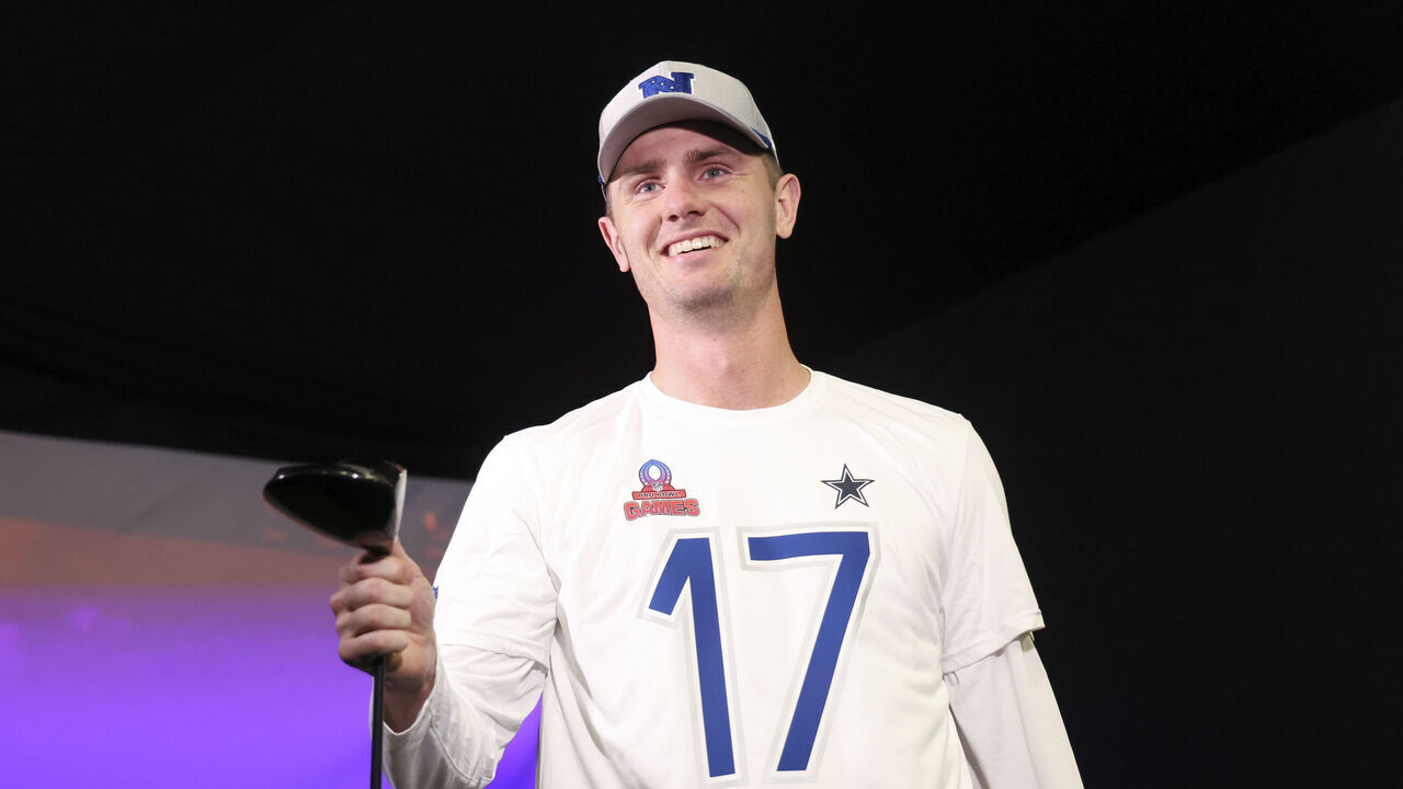 SAN FRANCISCO, CALIFORNIA - February 1: Brandon Aubrey #17 of the Dallas Cowboys reacts during the 2026 Pro Bowl Skills Challenge during the NFL Pro Bowl Games at Moscone Center South on February 1, 2026 in San Francisco, California.