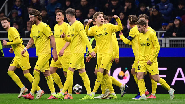 Bodo/Glimt's Norwegian forward #10 Jens Hauge (3R) celebrates scoring his team's first goal during the UEFA Champions League second-leg play-off football match between Inter Milan and Bodo/Glimt at San Siro stadium in Milan, northern Italy, on February 24, 2026.