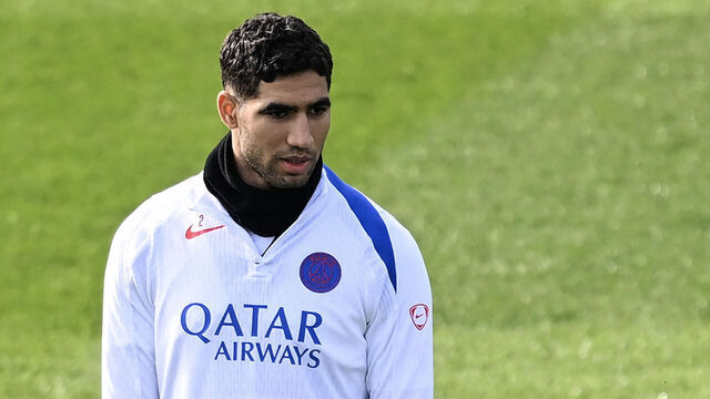 Morocco's defender #02 Achraf Hakimi looks on during a training session at the Campus Paris Saint-Germain in Poissy, in the western outskirts of Paris on February 24, 2026, on the eve of the UEFA Champions League play-off second leg football match between Paris Saint-Germain and AS Monaco.