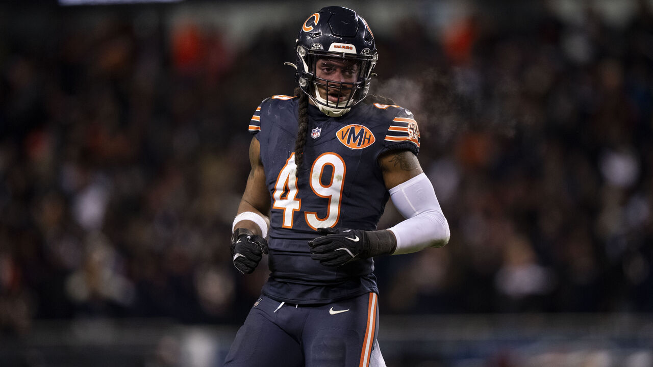 CHICAGO, ILLINOIS - JANUARY 10: Tremaine Edmunds #49 of the Chicago Bears lines up during an NFL wild card playoff game against the Green Bay Packers at Soldier Field on January 10, 2026 in Chicago, Illinois.
