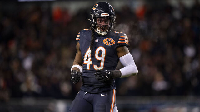 CHICAGO, ILLINOIS - JANUARY 10: Tremaine Edmunds #49 of the Chicago Bears lines up during an NFL wild card playoff game against the Green Bay Packers at Soldier Field on January 10, 2026 in Chicago, Illinois.
