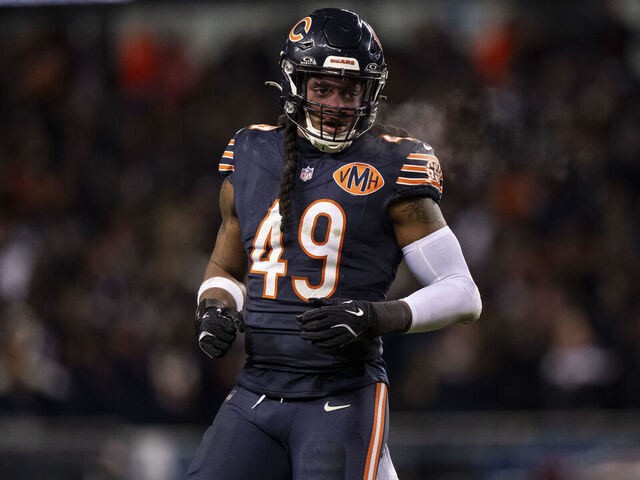 CHICAGO, ILLINOIS - JANUARY 10: Tremaine Edmunds #49 of the Chicago Bears lines up during an NFL wild card playoff game against the Green Bay Packers at Soldier Field on January 10, 2026 in Chicago, Illinois.