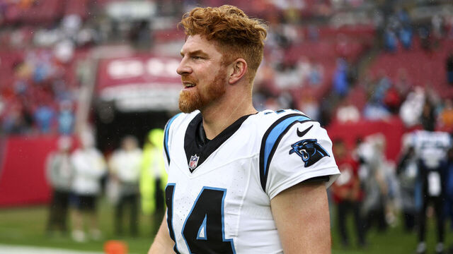 TAMPA, FLORIDA - JANUARY 3: Andy Dalton #14 of the Carolina Panthers warms up prior to an NFL football game against the Tampa Bay Buccaneers at Raymond James Stadium on January 3, 2026 in Tampa, Florida.