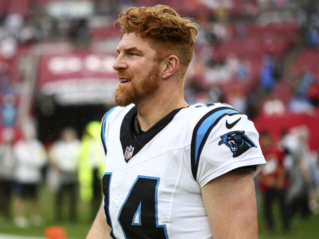 TAMPA, FLORIDA - JANUARY 3: Andy Dalton #14 of the Carolina Panthers warms up prior to an NFL football game against the Tampa Bay Buccaneers at Raymond James Stadium on January 3, 2026 in Tampa, Florida.