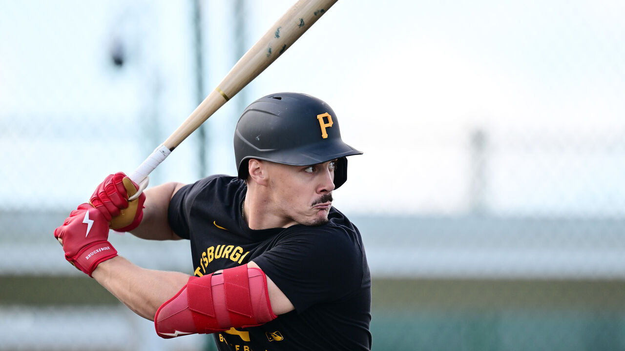 BRADENTON, FLORIDA - FEBRUARY 12: Konnor Griffin #75 of the Pittsburgh Pirates at bat during a spring training workout at Pirate City on February 12, 2026 in Bradenton, Florida.