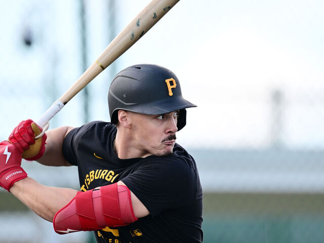 BRADENTON, FLORIDA - FEBRUARY 12: Konnor Griffin #75 of the Pittsburgh Pirates at bat during a spring training workout at Pirate City on February 12, 2026 in Bradenton, Florida.