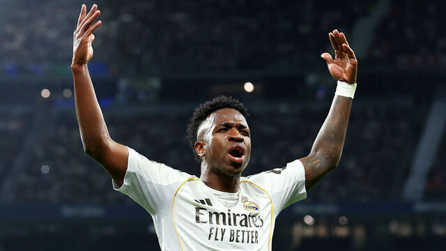 MADRID, SPAIN - FEBRUARY 25: Vinicius Junior of Real Madrid reacts towards the fans during the UEFA Champions League 2025/26 League Knockout Play-off Second Leg match between Real Madrid C.F. and SL Benfica at Estadio Santiago Bernabeu on February 25, 2026 in Madrid, Spain.