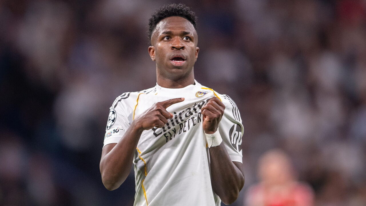 Madrid, Spain - February 25: Vinicius Junior of Real Madrid CF is seen celebrating his goal during the UEFA Champions League 2025/26 League Knockout Play-off Second Leg match between Real Madrid C.F. and SL Benfica at Estadio Santiago Bernabeu on February 25, 2026 in Madrid, Spain.