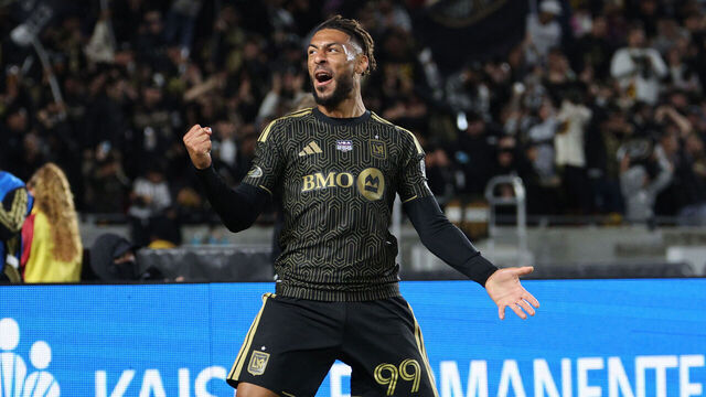 LOS ANGELES, CALIFORNIA - FEBRUARY 21: Denis Bouanga #99 of Los Angeles FC celebrates after scoring the team's second goal during the MLS match between Los Angeles Football Club and Inter Miami CF at Los Angeles Memorial Coliseum on February 21, 2026 in Los Angeles, California.