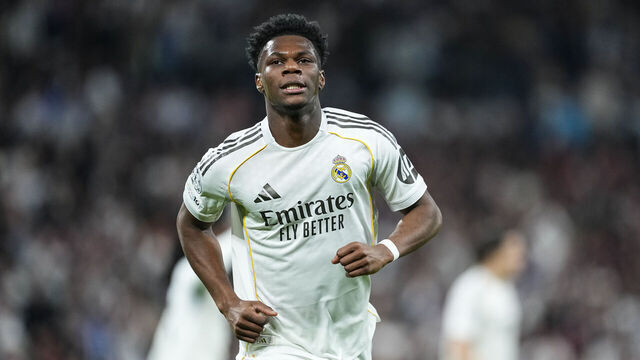 MADRID, SPAIN - FEBRUARY 25: Aurelien Tchouameni of Real Madrid CF celebrates a goal during the UEFA Champions League 2025/26 KO play-offs Second Leg match between Real Madrid and SL Benfica at Bernabeu stadium on February 25, 2026, in Madrid, Spain.