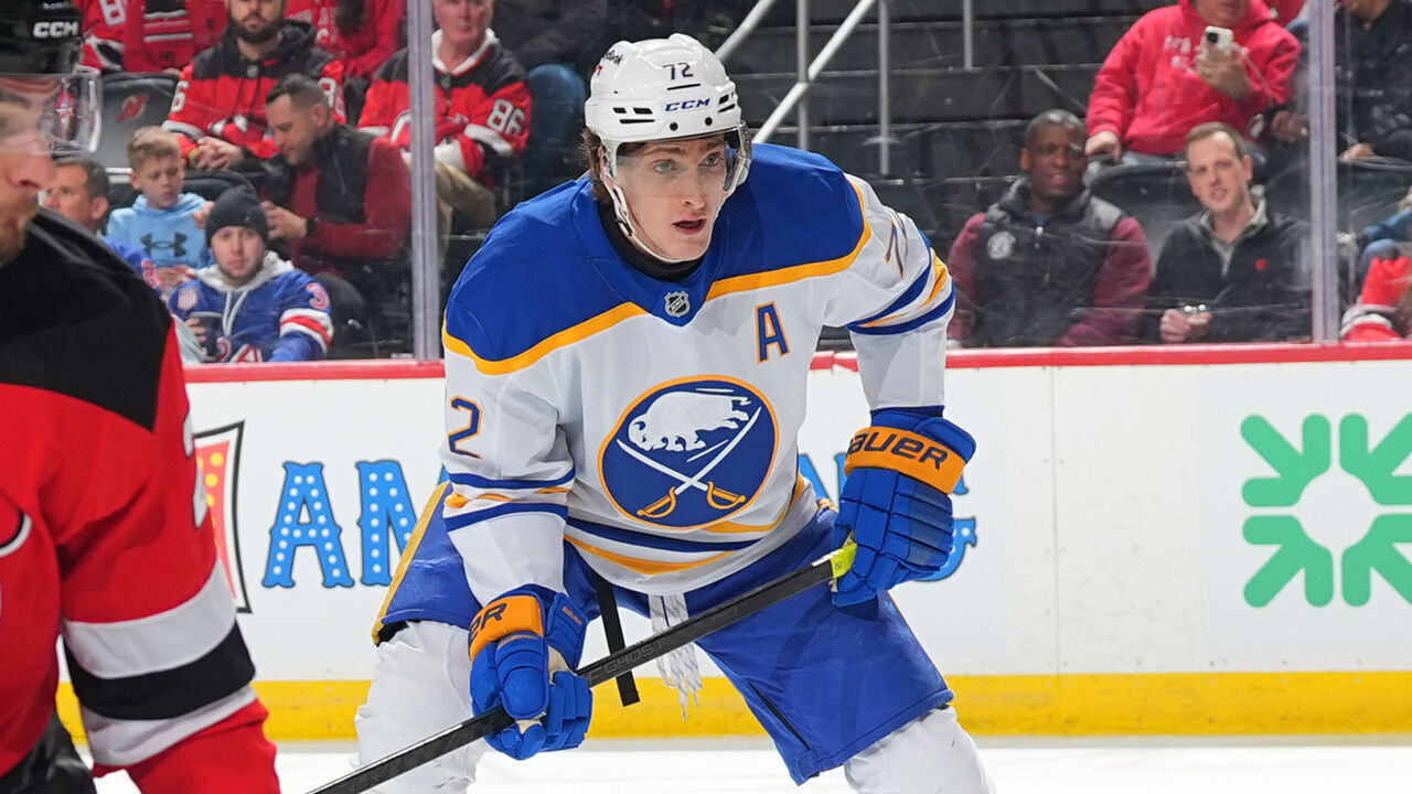 NEWARK, NJ - FEBRUARY 25: Tage Thompson #72 of the Buffalo Sabres skates during the second period of the game against the New Jersey Devils on February 25, 2026 at the Prudential Center in Newark, New Jersey.