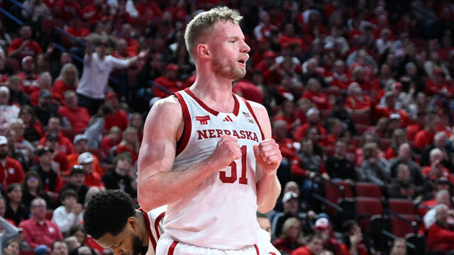 LINCOLN, NEBRASKA - FEBRUARY 21: Rienk Mast #51 of the Nebraska Cornhuskers watches action against the Penn State Nittany Lions during the second half at Pinnacle Bank Arena on February 21, 2026 in Lincoln, Nebraska.