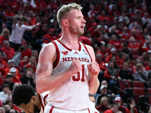 LINCOLN, NEBRASKA - FEBRUARY 21: Rienk Mast #51 of the Nebraska Cornhuskers watches action against the Penn State Nittany Lions during the second half at Pinnacle Bank Arena on February 21, 2026 in Lincoln, Nebraska.