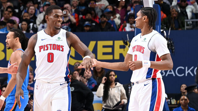 DETROIT, MI - FEBRUARY 25: Jalen Duren #0 and Ausar Thompson #9 of the Detroit Pistons high five during the game against the Oklahoma City Thunder on February 25, 2026 at Little Caesars Arena in Detroit, Michigan. NOTE TO USER: User expressly acknowledges and agrees that, by downloading and/or using this photograph, User is consenting to the terms and conditions of the Getty Images License Agreement. Mandatory Copyright Notice: Copyright 2026 NBAE