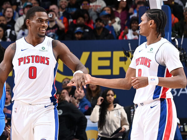 DETROIT, MI - FEBRUARY 25: Jalen Duren #0 and Ausar Thompson #9 of the Detroit Pistons high five during the game against the Oklahoma City Thunder on February 25, 2026 at Little Caesars Arena in Detroit, Michigan. NOTE TO USER: User expressly acknowledges and agrees that, by downloading and/or using this photograph, User is consenting to the terms and conditions of the Getty Images License Agreement. Mandatory Copyright Notice: Copyright 2026 NBAE