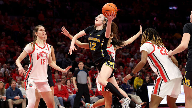 COLUMBUS, OHIO - FEBRUARY 25: Syla Swords #12 of the Michigan Wolverines shoots during the third quarter of the game against the Ohio State Buckeyes at Value City Arena on February 25, 2026 in Columbus, Ohio. Michigan defeated Ohio State 88-86 in overtime.