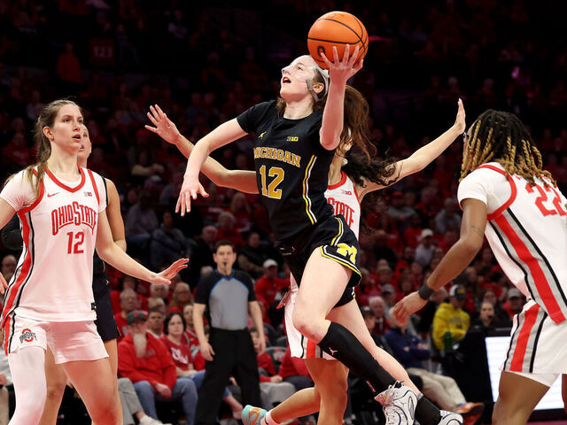 COLUMBUS, OHIO - FEBRUARY 25: Syla Swords #12 of the Michigan Wolverines shoots during the third quarter of the game against the Ohio State Buckeyes at Value City Arena on February 25, 2026 in Columbus, Ohio. Michigan defeated Ohio State 88-86 in overtime.