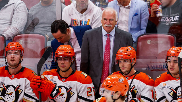 SUNRISE, FL - OCTOBER 28: Anaheim Ducks Head Coach Joel Quenneville looks on in the first period during the game between the Anaheim Ducks and the Florida Panthers on Tuesday, October 28, 2025 at the Amerant Bank Arena in Sunrise, FL.
