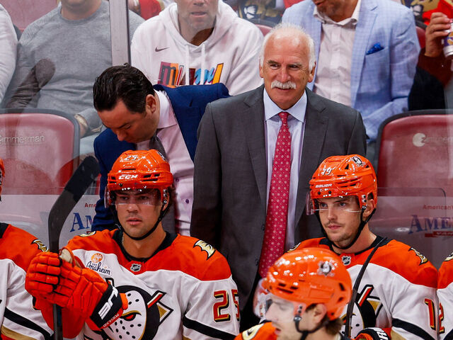 SUNRISE, FL - OCTOBER 28: Anaheim Ducks Head Coach Joel Quenneville looks on in the first period during the game between the Anaheim Ducks and the Florida Panthers on Tuesday, October 28, 2025 at the Amerant Bank Arena in Sunrise, FL.
