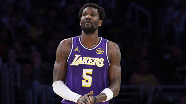 LOS ANGELES, CA - FEBRUARY 9, 2026: Los Angeles Lakers center Deandre Ayton (5) stands alone on the court during the game against the Oklahoma City Thunder at Crypto.com Arena on February 79 2026 in Los Angeles, California.(Gina Ferazzi / Los Angeles Times via Getty Images)