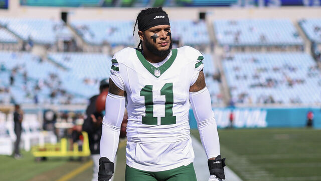 JACKSONVILLE, FLORIDA - DECEMBER 14: Jermaine Johnson #11 of the New York Jets looks on prior to an NFL 2025 game against the Jacksonville Jaguars at Everbank Stadium on December 14, 2025 in Jacksonville, Florida.