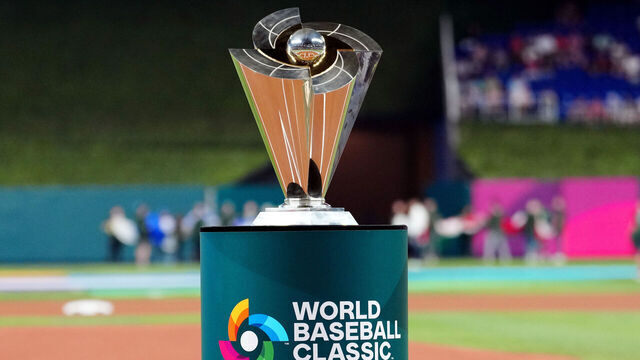 MIAMI, FL - MARCH 21: A detail shot of the World Baseball Classic championship trophy on the field during the opening ceremony prior to the 2023 World Baseball Classic Championship game between Team USA and Team Japan at loanDepot Park on Tuesday, March 21, 2023 in Miami, Florida.