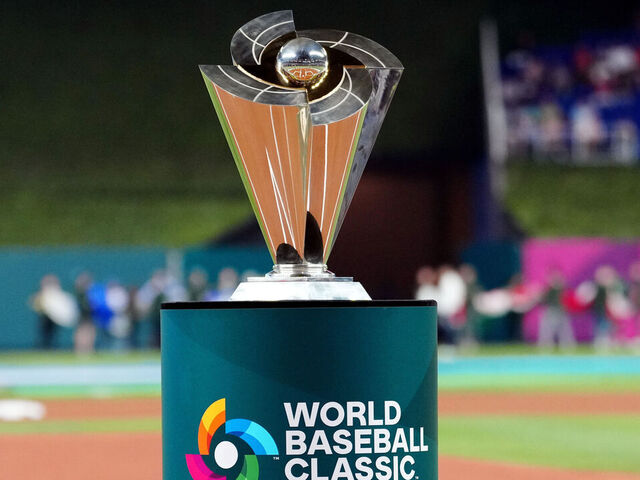 MIAMI, FL - MARCH 21: A detail shot of the World Baseball Classic championship trophy on the field during the opening ceremony prior to the 2023 World Baseball Classic Championship game between Team USA and Team Japan at loanDepot Park on Tuesday, March 21, 2023 in Miami, Florida.