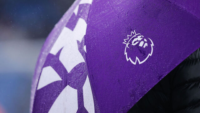 MANCHESTER, ENGLAND - FEBRUARY 21: The logo / badge of the Premier League is seen on an umbrella during the Premier League match between Manchester City and Newcastle United at Etihad Stadium on February 21, 2026 in Manchester, England.